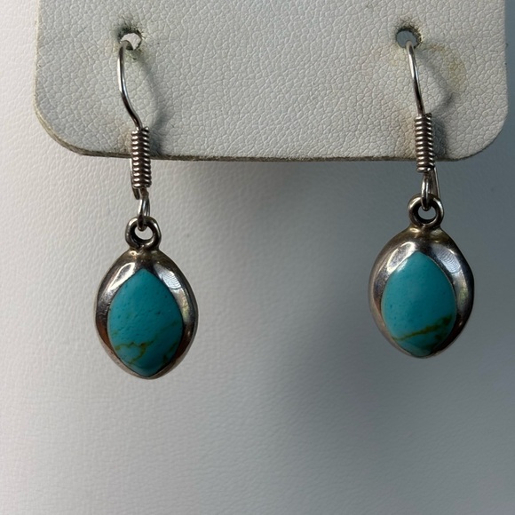 .925 Sterling Silver Turquoise Teardrop Dangle Earrings - Picture 2 of 8